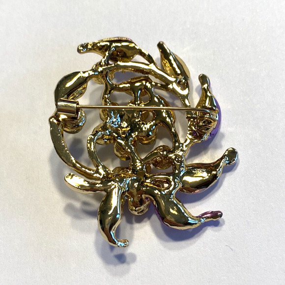 Vintage inspired flower brooch goldtone pink & silver wash white rhinestones - Picture 2 of 7